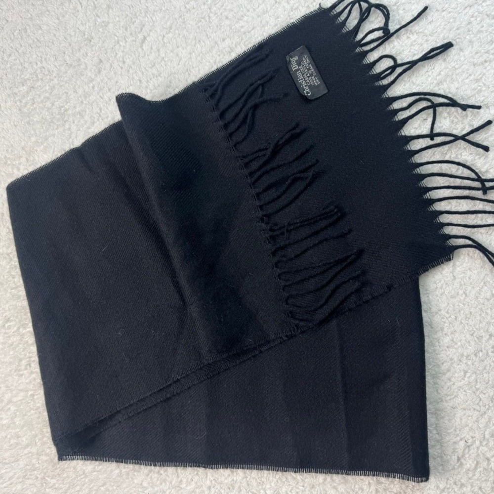Christian Dior Scarf Women OS Black Cashluxe Acrylic Fringe Solid Winter Luxury